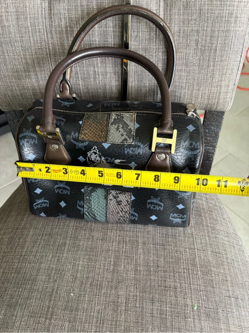 MCM Black Leather Logo Satchel with Brown Handles and Gold Hardware